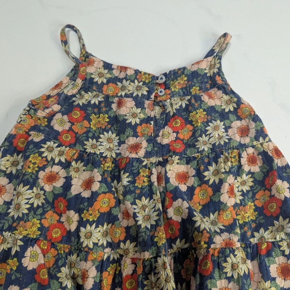 Bonton Paris Girls Calypso Floral Midi Dress 70s Navy Blue Lurex Tiered Size 4